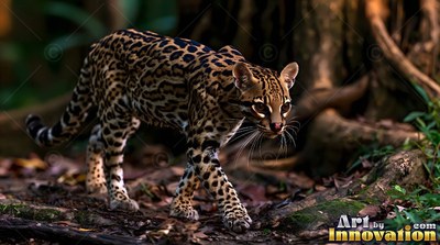 In a shadowy jungle, a spotted ocelot walks across a path covered in leaves