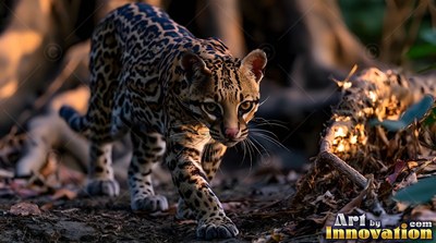 Prowling through dark woods, a spotted ocelot walks forward in warm sunlight