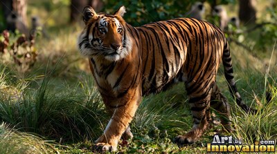 Tiger walks through green grass under forest sunlight