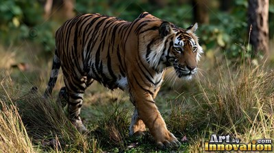 White whiskers br istle on a striped orange tiger walking forward through tall grass in the green forest