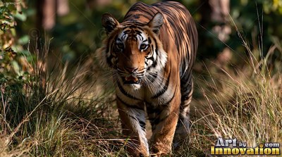 A tiger walks through tall grass under warm patches of afternoon sunlight