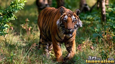 Walking toward the front, an orange tiger stalks through tall green grass