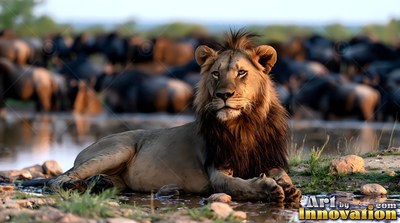 A lion rests by a shallow pool in the soft evening light near a herd of wildebeest