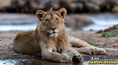 On sandy ground by water, a young lion rests and looks ahead