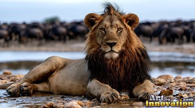 Lying on a rocky riverbank, a lion rests in front of a dark wilde beest herd