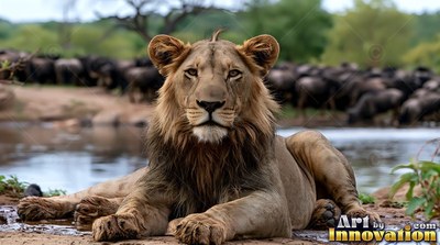 A lion lying down by a waterhole under cloudy skies