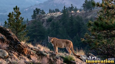 Tawny fur covers a cougar standing on a rocky ridge above a pine forest at dusk