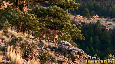 A tan cougar stalks along a rocky cliff under green pine trees in morning sun