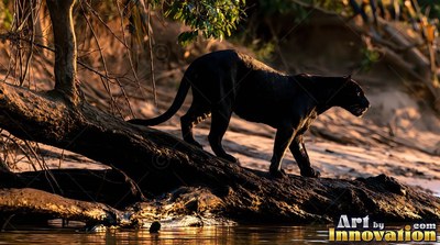 Black panther walks down a fallen tree trunk by a river in warm sunlight