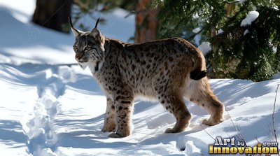 Standing in deep snow, a spotted lynx looks to the side in a sunny winter forest