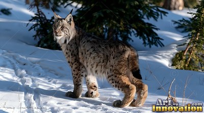 Black ear tufts rise from a spotted lynx standing in sunny snow near pine trees