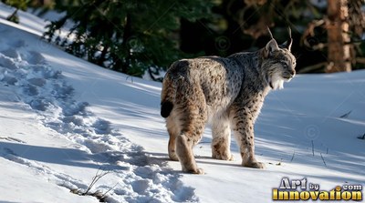 A lynx pauses on a snowy hillside beside its pawprints in the bright sun