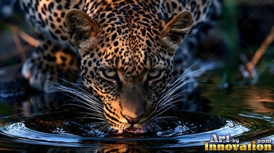 Crouching low at a dark waterhole, a spotted leopard laps water
