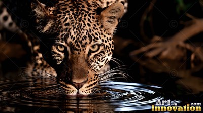 A spotted leopard drinks from rippling dark water while staring straight ahead