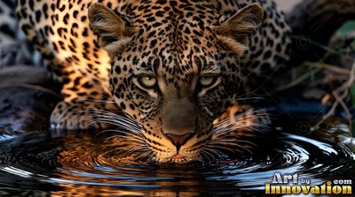 At a dark pool, a spotted leopard lowers its face to drink ripples of water
