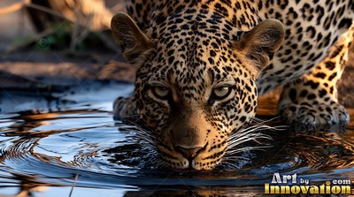 Drinking from a dark pool, a spotted leopard stares forward in warm sunlight