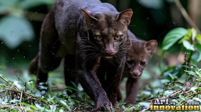 Dark wild cat and cub walking forward through green leaves