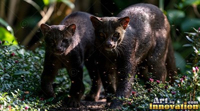 Dark sleek fur covers two wild cats as they walk forward through a leafy jungle path