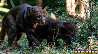 Walking side by side in a green forest, two dark brown fossas move together