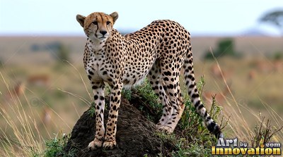 Black tear marks frame a cheetah's face as it stands alert on a mound in grassy plains