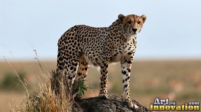 A spotted cheetah stands alert on a dirt mound under soft, hazy daylight
