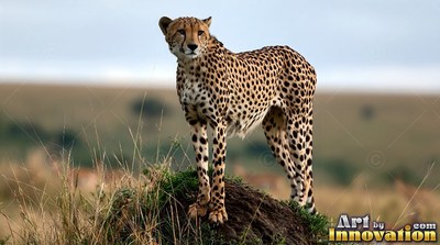 A spotted cheetah stands alert on a dark mound in the dry savanna grass