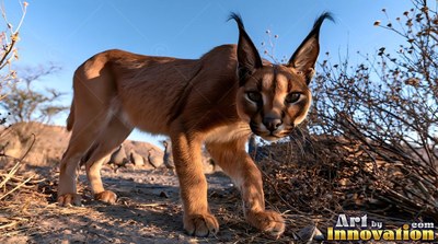 Walking through dry brush, a reddish caracal stares ahead in bright sunlight