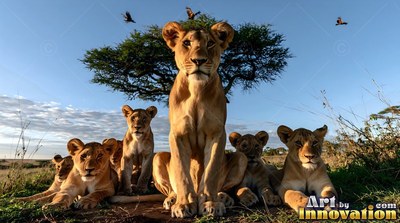 A lion sits forward with several cubs resting around it under clear daylight
