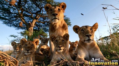 Sitting and lying on the African savanna, young lions look forward under a blue sky