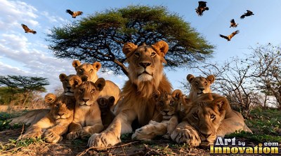 A pride of golden lions rests together on the grassy savanna under a tree
