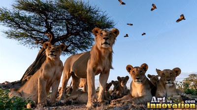 On the savanna beneath an acacia tree, a pride of young lions sits and rests