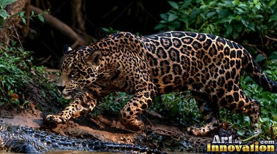 Prowling along a muddy riverbank, a spotted jaguar stalks past dark green jungle leaves