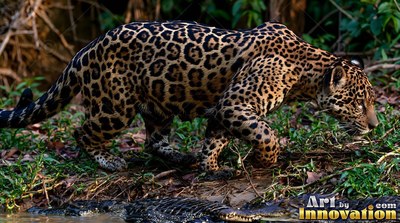 Jaguar stalking through green grass along a riverbank