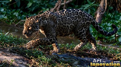 A spotted jaguar stalks along a riverbank in warm afternoon sunlight