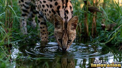 Drinking from clear water, a spotted serval lowers its head in tall green grass