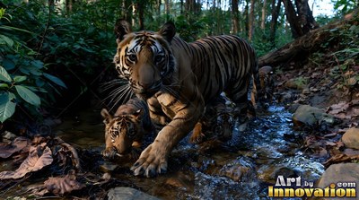 Tiger and cub walking through a shallow forest stream