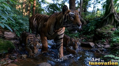 Black stripes cover an orange tiger walking with two cubs through a shallow forest stream