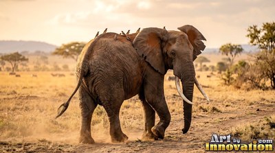 Walking along a dusty track, a tusked elephant carries small birds across the savanna