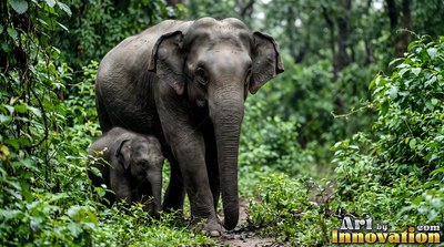 Two gray Asian elephants walking along a dirt path in a green forest
