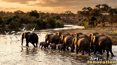 A herd of elephants wades across a shallow river under warm evening light
