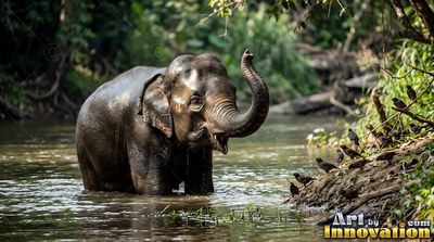 Wading with trunk raised high, a wet Asian elephant stands in a sunlit river