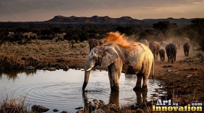 At a shallow water hole, an elephant throws red dust over its back