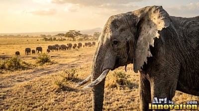 Standing in warm sunlight, a gray elephant pauses on dry savanna grassland