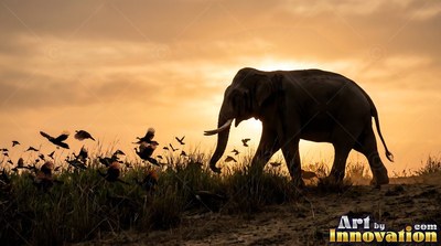 Long curved tusks lead an elephant walking past flying birds at orange sunset