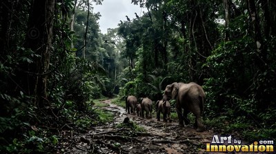 Elephants walk along a muddy trail in a dark green rainforest under soft daylight