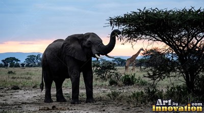 Trunk raised toward a tree, an elephant feeds on a grassy savanna near a giraffe