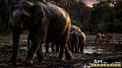 A wet dark elephant walks through mud near a forest pool at dusk