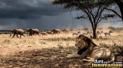 On the dry plains, a lion rests while elephants and zebras run behind it