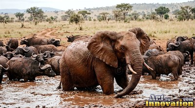 Wading in brown mud, an elephant stands surrounded by dark water buffaloes