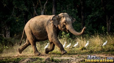 Young elephant running through grass with trunk raised beside white birds